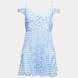 Self-Portrait Blue Gingham Crepe Off-Shoulder Mini Dress - UK6/US2